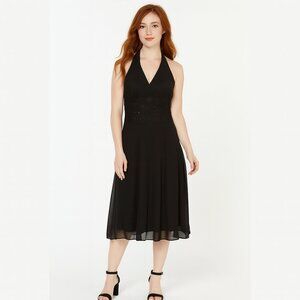 R&M Richards Elegant Black Halter Cocktail Dress Chiffon Lace Sequins Sz 12 P